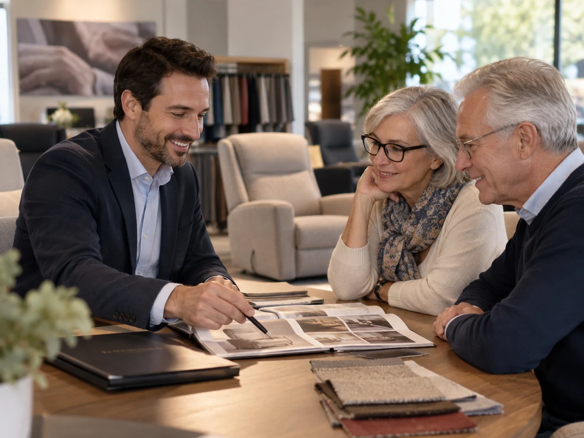 Consulenza in un punto vendita di poltrone relax, con catalogo e campionario tessuti sul tavolo